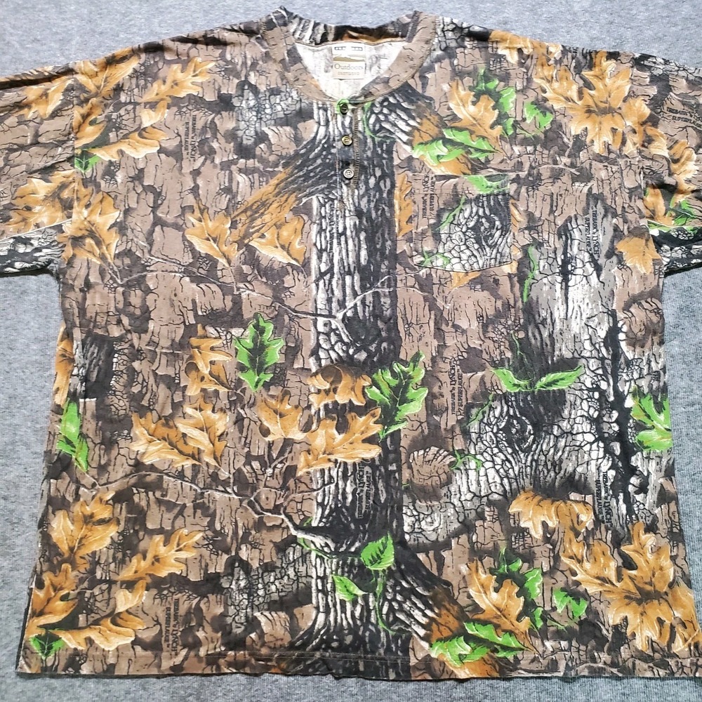 Vintage Jerzees LS Henley Shirt Mens 2XL Trebark Lynch Camo Outdoor Hunting 90s